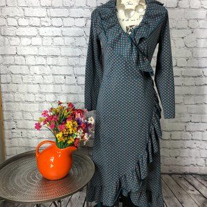 MATILDA JANE Ruched Wrap Dress, M, Western, Hi-Low, Teal + Burnt-Orange Florals